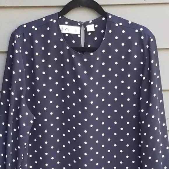 Chaus Navy/White Polka Dot Long Sleeve Blouse Size 12 - Picture 6 of 6